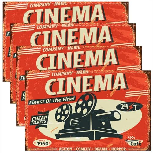 Platzsets für Kino-Poster, 4 Stück, für Kino, Popcorn-Tischset für Küche, Esstisch, Dekoration, Innen- und Außenbereich, dekorativ, Vintage-Kino, Kino-Tischsets, Old Fashion 45,7 x 30,5 cm