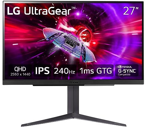 LG 27 UltraGear QHD (2560x1440) Gaming Monitor, 240Hz, 1ms, VESA DisplayHDR 400, G-SYNC and AMD FreeSync Premium, HDMI 2.1, DisplayPort, 4-Pole HP Out DTS HP:X, Tilt/Height/Pivot Stand, Black