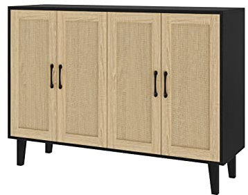 Panana Buffet Storage Cabinet with Rattan Decorating Living Room Wood Kitchen Sideboard Accent Cabinet (123(W) x 38(D) x 88(H) cm, Black)