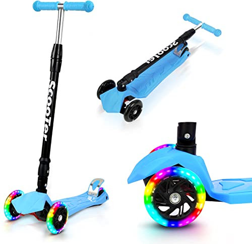 Ansobea Scooter Kinder,Roller Kinder mit 3 LED-Rädern,Höhenverstellbar Kinderroller & Faltbar Kinder Roller,Hinterbremsen,Bis 50 kg,Blau