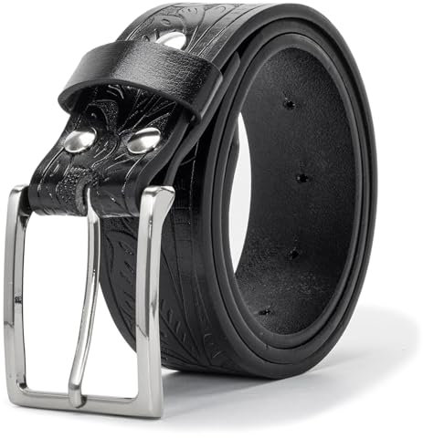 KorhLeoh Western-Ledergürtel mit Cowboy-Schnalle für Herren und Damen, Jeans, mit Blumengravur, Longhorn-Bull-Texas-Schnalle (69–104cm Taillenumfang)