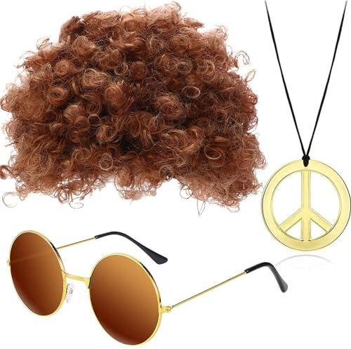 3er Set Herren Perücke,70er 80er Hippie Kostüm Set Accessoires,Afro Perücke,mit Brille Halskette für Cosplay Karneval Disco Thema Party