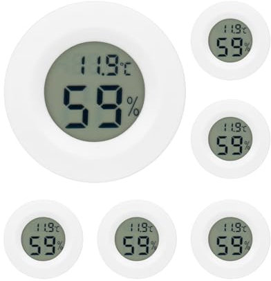 QWORK® 6 pezzi Termometro e igrometro digitale per interni ed esterni mini rotondi, per soggiorno, uffici, serra, batterie non incluse
