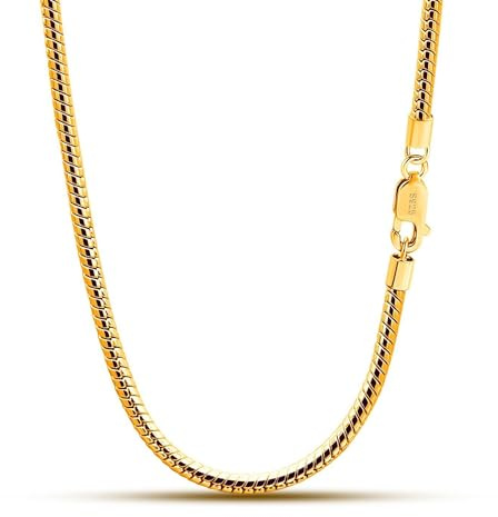 Dankadi Collier en Forme Serpent 3MM 4MM de Largeur en 925 Argent Sterling, 16”-30” Chaîne Serpentine Maille Ronde Or 41-76CM Cadeau Bijoux Fête Anniversaire pour Homme Femme