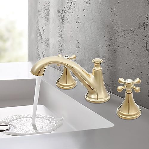Grifo de lavabo de 3 agujeros de 2 manijas, cascada, grifo mezclador de lavabo, grifo mezclador de lavabo, grifo de agua fría y caliente, cobre, acero inoxidable, para baño, cocina, mesa de lujo, oro