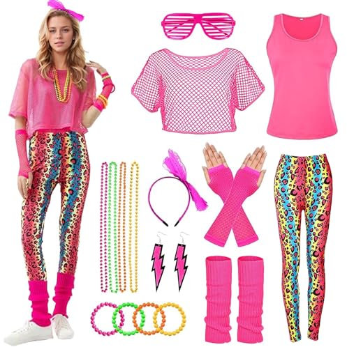 HIQE-FL 80er Jahre Accessoires Outfit Damen,Damen 80er Jahre Workout Kostüm,80er Jahre Outfit Damen 80er Jahre Accessoires,mit Bauchtasche,4 Perlen Neonhalsketten,für Karneval,Fasching,Mottoparty.
