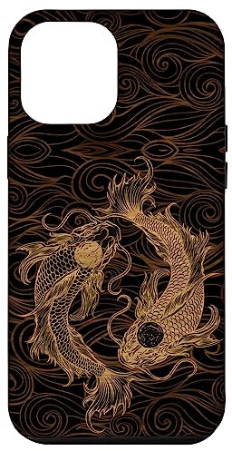 iPhone 14 Pro Max Yin Yang Koi Fish and Japanese Waves Wood Engraved Vintage Case