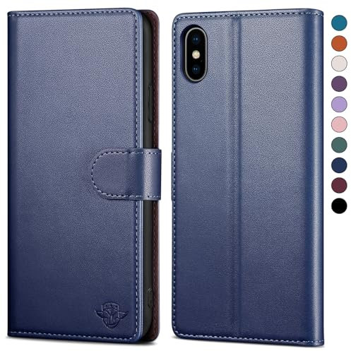 SkyDuck for iPhone X/XS/10 5.8 case Leather Flip,for iPhone X case with [RFID Blocking][Credit Card Holder] with 1 Tempered Glass Screen Protector,Cover Women Men for iPhone XS case Dark Blue