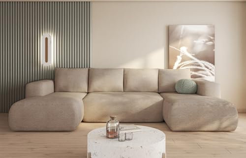 Easy4You Lambi Hellbeige Ecksofa U-Form 338 x 89 x 164 cm mit Schlaffunktion und Stauraum - Schlafsofa mit Bettkasten - Moderne Wohnzimmermöbel – Stoff: Boucle 06