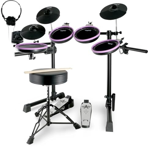 VANPHY Electric Drum Set Electronic Drum Set for Beginner Electric Drums with Quiet Mesh Pads 20 Drum Set 350 Sounds 2 Pedals Bluetooth Sticks Drum Stool Headphone 6.35mm Audio Cable（Purple）