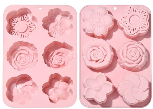Stiesy 2Pcs 6 Cavity Flower Silicone Moulds Reusable Floral Shaped Silicone Fondant Cake Mould Cherry Blossom Rose Shape Baking Molds for DIY Soap Candy Chocolate Ice Creative Decor