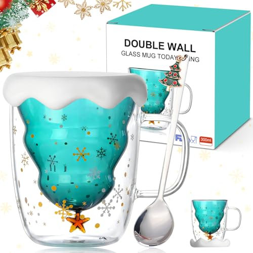 WEILAOK Christmas Glass Mug, Christmas Tree Mug, Christmas Coffee Mugs, Christmas Glasses Drinking, Double Walled Glass Mugs, Christmas Cups with Christmas Teaspoon for Coffee Milk Juice,etc