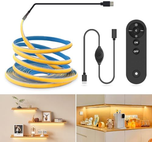 RYE COB LED 5V USB Type-C Strip light 3M Dimmable with Memory Function,Warm White 2700K Super Bright Tape Light suit for Monitor TV Backlight,Mirror,Cabinet,staircases,DIY Lighting with Remote Control
