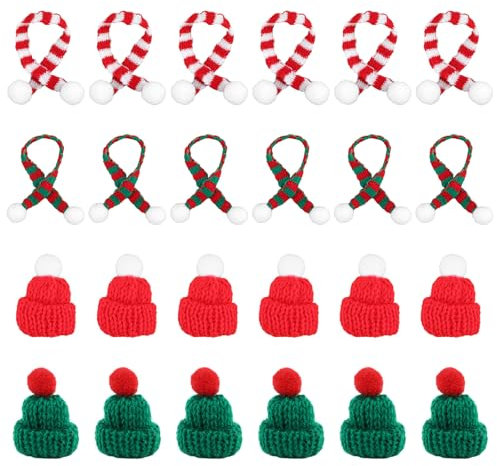 NQEUEPN 24pcs Mini Knit Santa Hat & Scarves, Christmas Small Knit Doll Hat Tiny Santa Hats for Crafts Miniature Xmas Hats for Craft DIY Xmas Tree Wine Bottle Decoration