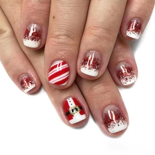 Calkkrer Lot de 24 faux ongles courts à coller - À coller - Rouge et blanc - À paillettes - Pour Noël