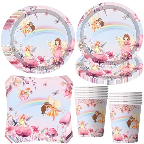 Schmetterling Fee Partygeschirr für 16 Gäste,Fee Schmetterling Partyteller Geburtstag Geschirr,Mädchen Feen Bunt Schmetterling Pappteller Pappbecher Servietten Kindergeburtstag Deko
