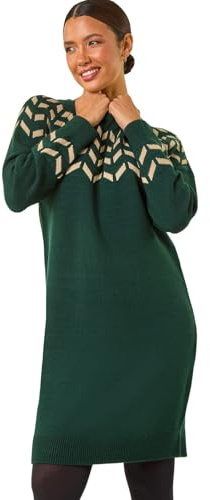 Roman Thick Jumper Dress for Women UK Ladies Fairisle Aztec Knitted Knit Sweater Knitwear Autumn Winter Holiday Round Neck Long Sleeve Soft Knee Length Sweat Warm Thick - Forest - Size 16