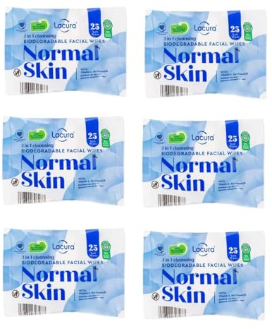 6×Aldi Lācurā - 3 In 1 Cleansing Biodegradable Facial Wipes - Normal Skin - With Vitamin E, Pro-Vitamin B5 & Aloe Vera | 25Wipes Each [6 PACK]