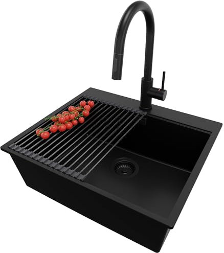 PRIMAGRAN Lavandino da Cucina Tutto Nero 58x50cm, Lavello in Granito a 1 vasca + Rubinetto 40x20cm + Set di accessori, Lavabo Incasso al mobile 60cm - Oslo S282