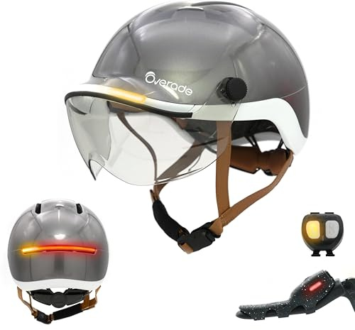 Overade Innovation Française - Casque Life avec Visière, avec Éclairage Puissant Avant/arrière, Télécommande Clignotants Oximote Incluse, Fonction Feu Stop Inclus, Taille Unique.