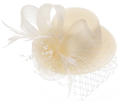 ETOFETE Fascinator-Hut für Renaissance-Kopfbedeckung, Mini-Kinderhut mit Netznetz, Schleier, Perlenkette für Mädchen, Kostümzubehör, beige, S/M