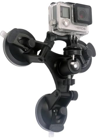 REFLEX CAMERA Car Windshield Triple Suction Cup Mount Holder Stand with 1/4 Screw, 360° Ball Head – Compatible with Go Pro, Insta 360, DJI Osmo, plus other Action Cameras – Strong Secure Suction Base