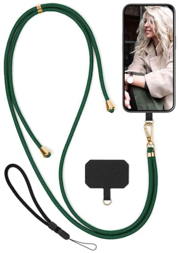 moex Unleash für Xiaomi 15 Handyband zum Umhängen ohne Hülle, Handykette Universal mit Karabiner, Handy Band abnehmbar, Kette mit Pad für Handyhülle, Grün, Gold