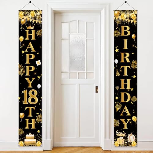 18th Birthday Decorations Banner Boys - Black Gold Birthday Party Door Porch Sign, Happy 18 Years Old Door Banners for Party Decoration Supplies