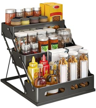 Bokelai Gewürzregal, 3 Etagen, faltbar, Gewürz-Organizer, Gläser, Aufbewahrungshalter, Stufenregal für Schrank, Küche, Arbeitsplatte, Speisekammer, Kaffeebar, Schwarz