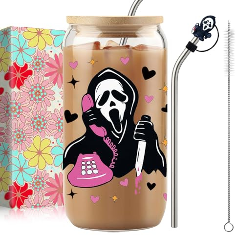 Qylazune Halloween Mug Ghostface, Horror Ghost Mask Glass Cups with Lids and Straws Halloween Boo Gifts Cup Ghost Coffee Matcha Glass, Gift for Women Friends Men Gifts