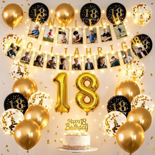 Sunwuun LED 18.Geburtstag Deko für Jungen & Mädchen,Banner Geburtstagsdeko,Luftballons mit Zahl 18,Schwarz-Weiß-Gold Luftballons,Fotogirlande,Party Deko zum 18. Geburtstag