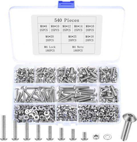 540PCS M4 Stainless Steel Screws and Nuts Assortment Kit - 304 Rust-Resistant Hex Socket Button Head & Pan Head Machine Screws with Flat & Lock Washers for Home, Office, and Industrial DIY