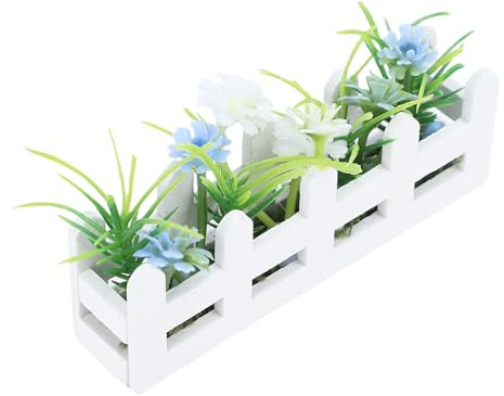 NOENNULL Miniatur-Puppenhaus-Blumenbeet, Birkenholz und Kunststoff-Puppenhaus-Blumentopf, Simulation Einer Miniatur-Topfblumenpflanze, Miniatur-Gartendekoration (Blau Weiß)