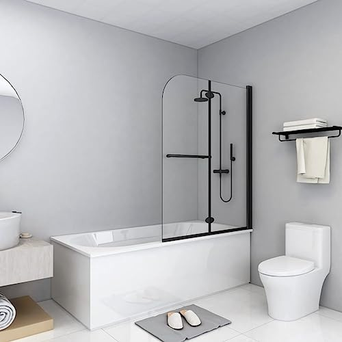 Mokuyary Duschabtrennung, klappbar, 2 Paneele, ESG, schwarz, 95 x 140 cm, Schiebetür aus Glas, für Badezimmer, Wohnzimmer, Küche