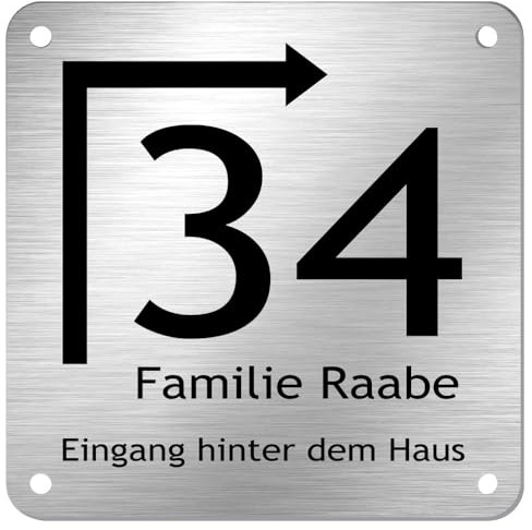 Edelstahl Hausnummernschild mit Pfeil * Modell 34 Eingang hinter dem Haus | moderne Hausnummer in zeitlosem Design, Namensschild, Hinweisschild mit Pfeil