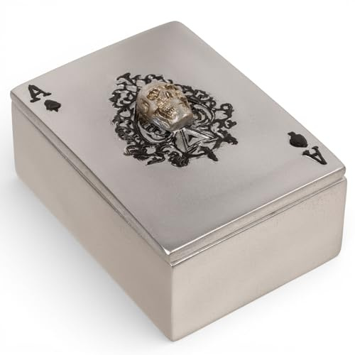 MIJOMA Aufbewahrungsbox mit Totenkopf-Relief – Deko-Schachtel aus Polyresin für Schmuck Schlüssel Münzen Erinnerungen (Silber)