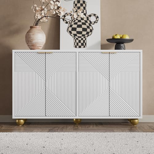 LFGUIZO Weißer Sideboard 120 cm Breite Aufbewahrungsschrank, Elegantes Küchenschrank mit 4 Gravierten Türen, Goldenen Kugelfüßen und Verstellbaren Regalen, Kommode für Wohnzimmer, Esszimmer & Flur