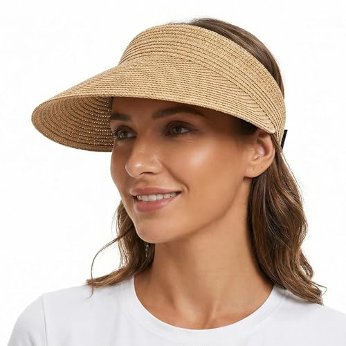 HTTDSLF Damen Strohhut, Sonnenhut Damen Sommer Strohhut, Atmungsaktiv Strandhut Faltbarer Sommerhut für Reise Urlaub Strandhut Visor Cap