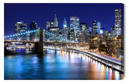 WALLERO HandArt Leinwandbild New Yorker Skyline bei Nacht – mit Struktur-Effekt | Kunstbilder wie handbemalte Wandbilder für Wohnzimmer Schlafzimmer Flur 120x80