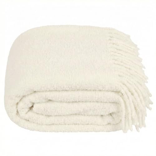 Lanavitta – Bouclé Wolldecke „Lounge“ – Kuschelige Tagesdecke & Plaid – Sofadecke, Couchdecke, Bettüberwurf & Sesseldecke – 25% Wolle, 20% Polyester, 55% Acryl – Weiß – 140x200 cm