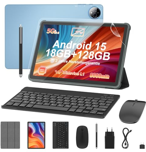 AWOW Tablet 11 Zoll mit Tastatur: Android 15 8000mAh Octa-Core 18GB+128GB 2TB TF Tablet PC - WiFi 6 BT 5.2, 13MP+5MP Kamera mit Maus, USB C, Adapter, Hülle, OTG-Adapter, Stift, Schutzfolie