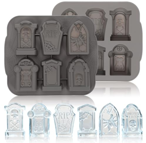 Amosfun Halloween Tombstone Silicone Ice Cube Chocolate Mold Grey | Tombstone-Shaped Ice Tray, Non-Stick Silicone, for Cocktails, Whisky and Halloween Party Treats