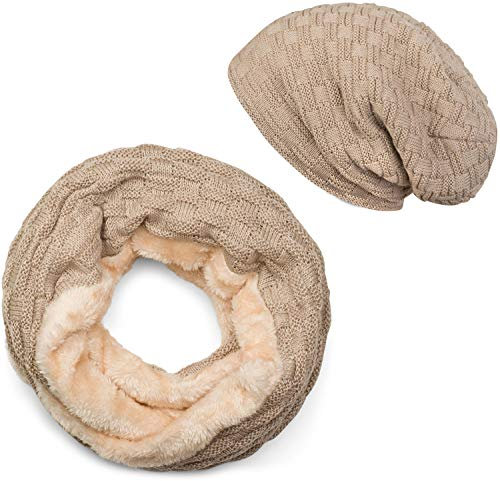 styleBREAKER Strick Loop Schal und Beanie Mütze Set mit Flecht Muster, Fleece Innenfutter, Winter, Unisex 01018211, Farbe:Hellbraun