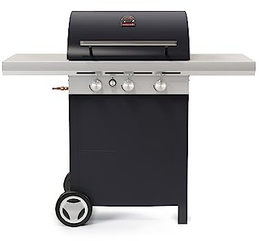 Barbecook Spring 3002, Barbecue A Gas Urban, Bbq a Gas, Griglia Barbecue con Vasca e 2 Tavolini Pieghevoli con 3 Ganci per Accessori, Barbecue con 3 Superfici della griglia, Nero