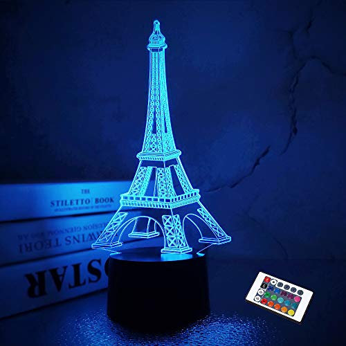 FULLOSUN Eiffelturm Nachtlicht 3D-Illusionslampe Visuelle Schlafzimmerdekoration LED-Lampe mit Fernbedienung 16 Farbwechsel Geschenke im Pariser Modestil zum Geburtstag