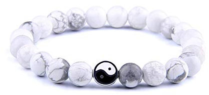 Ying Yang Chakra-Armband mit natürlichen weißen Howlith-Steinperlen und schwarzen und weißen Emaille-Inlay-Anhänger und Silber-Finish