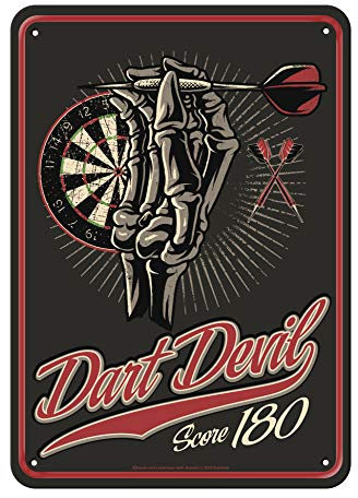 Deko Blechschild für Dartspieler: Dart Devil Score 180 Größe ca. 20x30cm