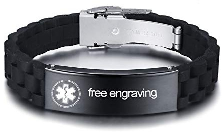 VNOX Medizinisches Alarm Armband mit Gravur Personalisierbar Edelstahl Silikon Notfallarmband Unisex Verstellbar 18-22,5 cm für Allergien Medikamente Notfallkontakt