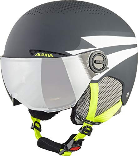 ALPINA ZUPO Visor Q-LITE - Hochwertiger & Leichter Skihelm Mit Kontrastverstärkendem Visier Für Kinder, Charcoal-neon matt, 51-55 cm