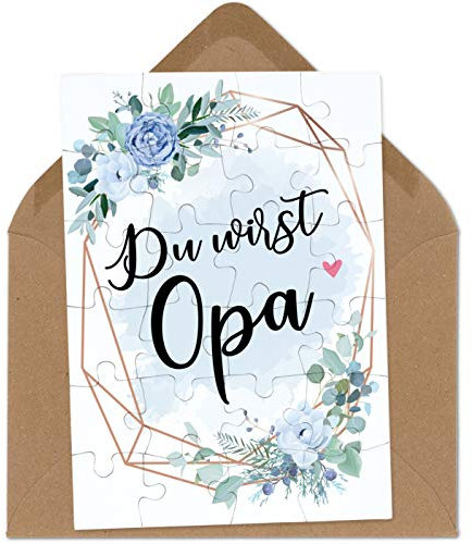 OWLBOOK Du wirst Opa Blauer Blumenkranz Puzzle mit Brief-Umschlag Geschenke Geschenkideen für die Familie zur Geburt & Schwangerschaft verkünden